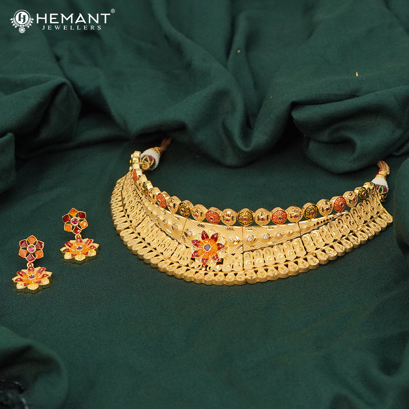 Forming Gold Choker Necklace Set – Traditional Kolhapuri Meenakari Jewellery - 5335