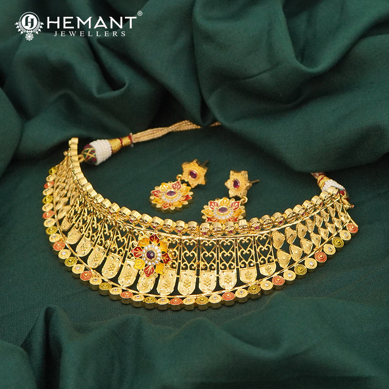 Forming Gold Choker Necklace Set with Ruby Stone and Intricate Meenakari Detailing - 5109