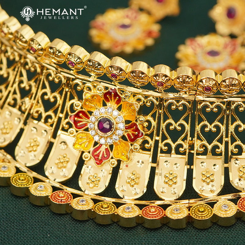 Forming Gold Choker Necklace Set with Ruby Stone and Intricate Meenakari Detailing - 5109