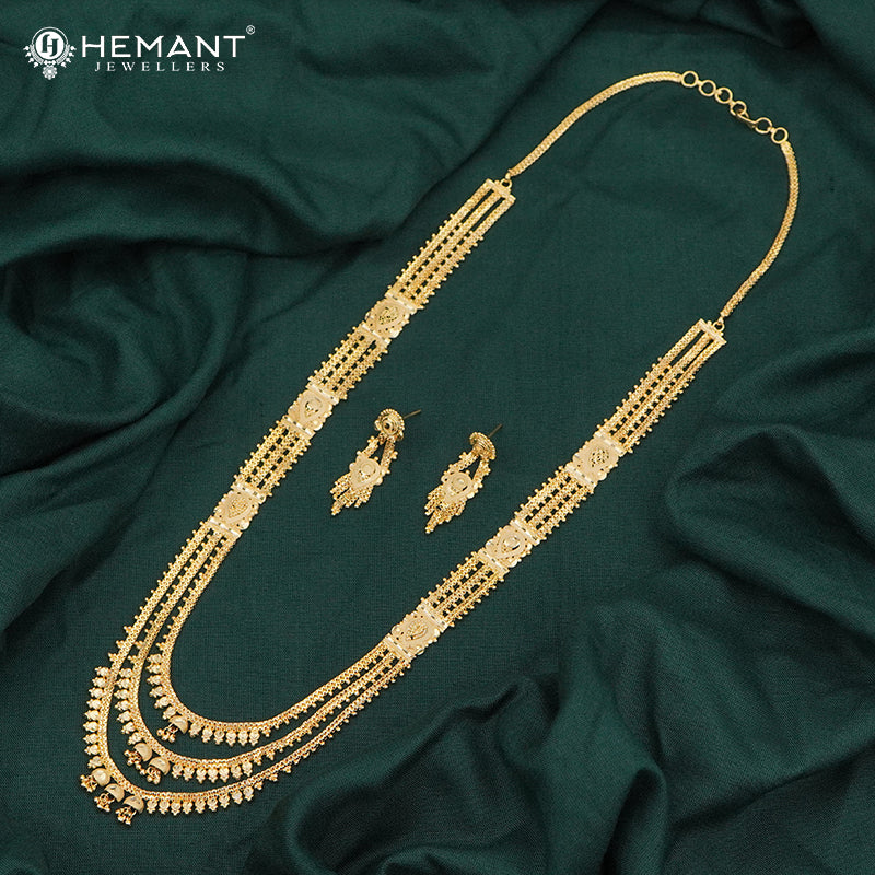 Forming Gold Floral Long Rani Har Necklace | Maharashtrian Layered Haar and Earring Set - 1802