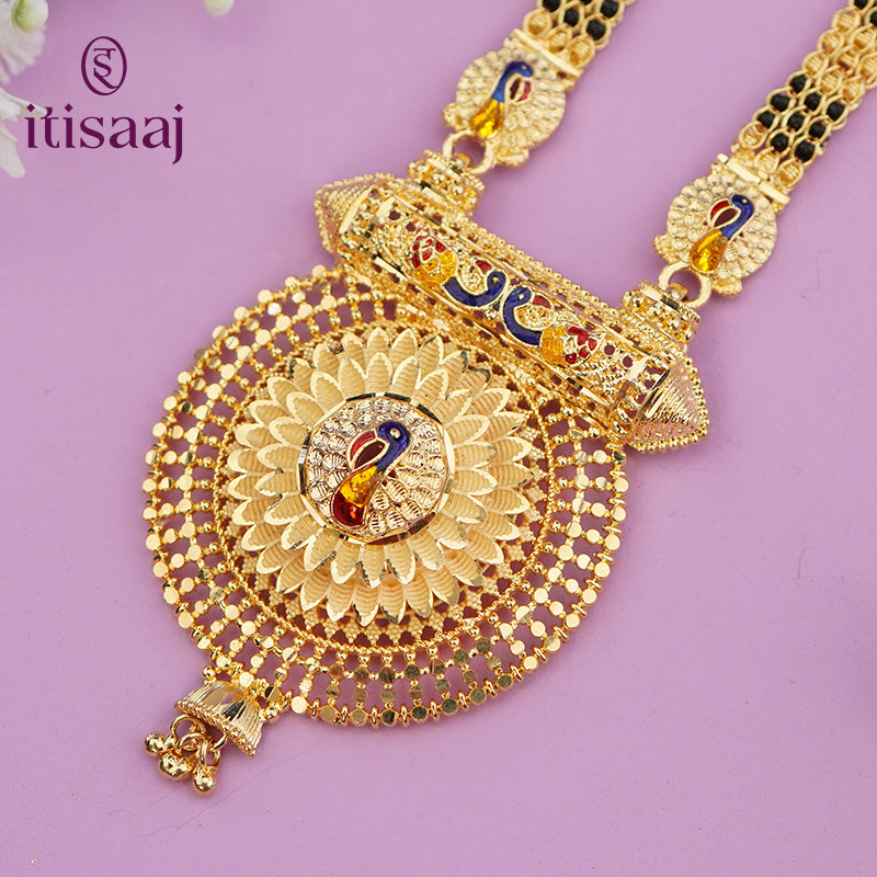 Forming Gold Mangalsutra with Floral and Peacock Design Pendant - 5607