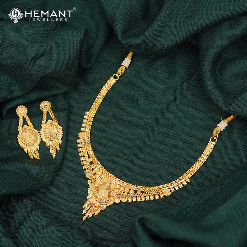 Forming Gold Nakshi Work Necklace Set with Matching Drop Earrings - 5328