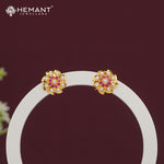 Gold Plated Floral Stud Earrings with Ruby Pink Stones and Pearls - 511