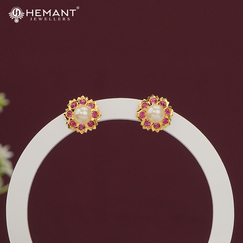 Gold Plated Floral Stud Earrings with Ruby Pink Stones and Pearls - 5316