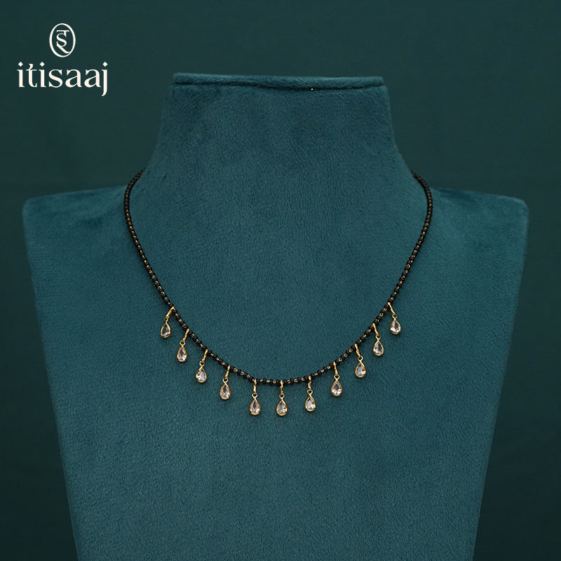 Micro Gold Plated Black Beads Short Mangalsutra with Teardrop Stone Charms - 4240