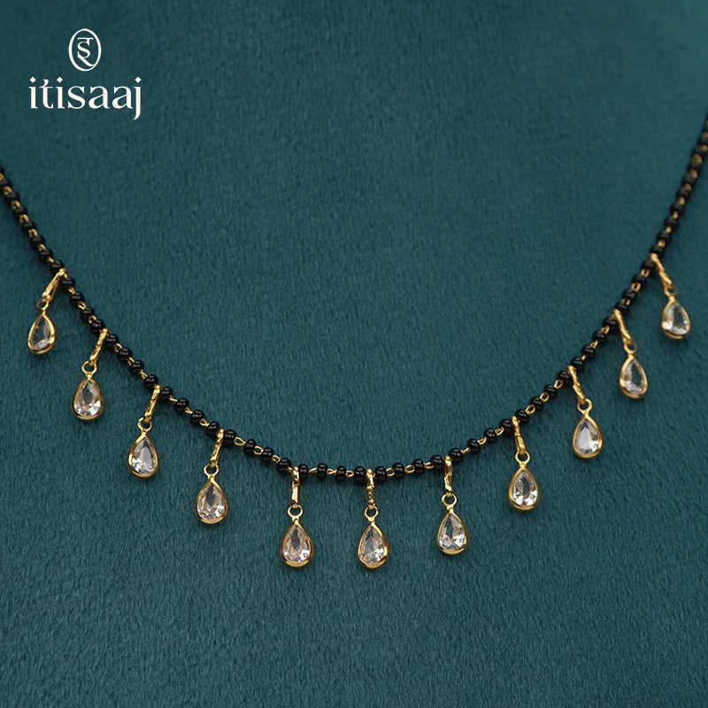 Micro Gold Plated Black Beads Short Mangalsutra with Teardrop Stone Charms - 4240