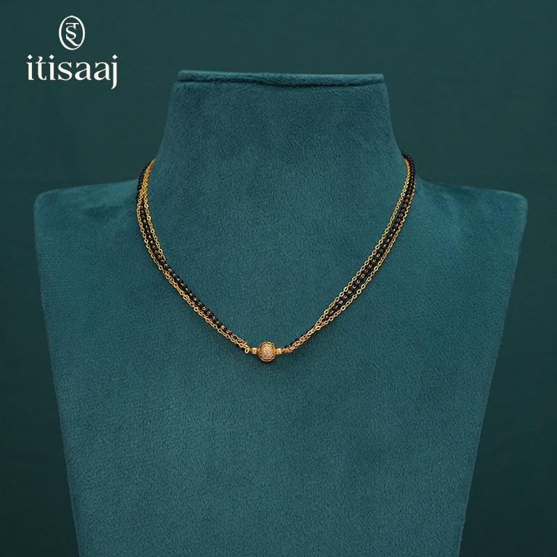 Micro Gold Plated CZ Studded Round Ball Pendant Double Chain Short Mangalsutra - 5591