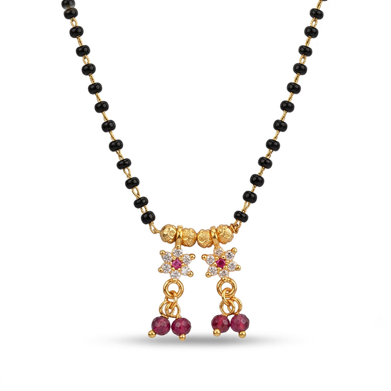 Micro Gold Plated Floral Dual Drop Pendant Black Beads Mangalsutra - 5202