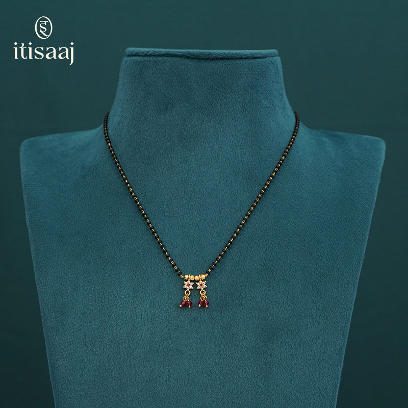 Micro Gold Plated Floral Dual Drop Pendant Black Beads Mangalsutra - 5202