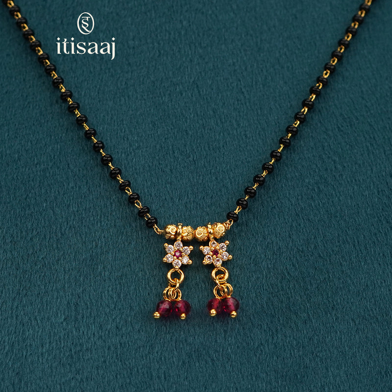 Micro Gold Plated Floral Dual Drop Pendant Black Beads Mangalsutra - 5202