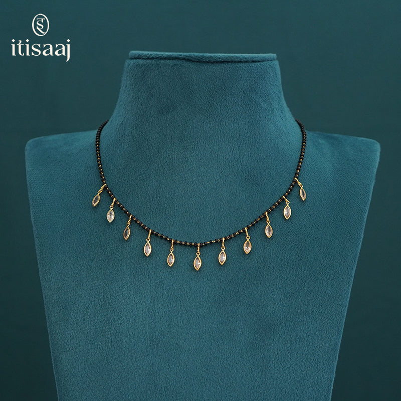 Micro Gold Plated Marquise White Stone Charm Black Beads Mangalsutra - 4613