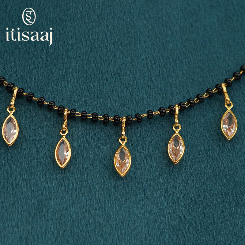 Micro Gold Plated Marquise White Stone Charm Black Beads Mangalsutra - 4613
