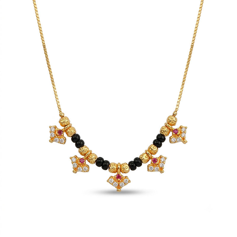 Micro Gold Plated Ruby and CZ Stone Studded Black Bead Short Chain Mangalsutra - 5113