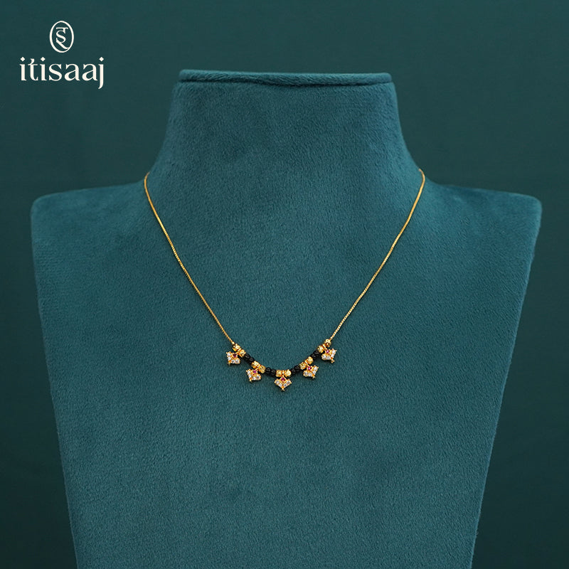 Micro Gold Plated Ruby and CZ Stone Studded Black Bead Short Chain Mangalsutra - 5113