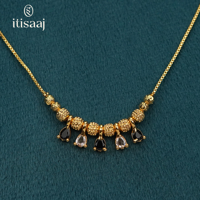 Micro Gold Plated Textured Bead Chain with Black and White Teardrop Charms - 2657