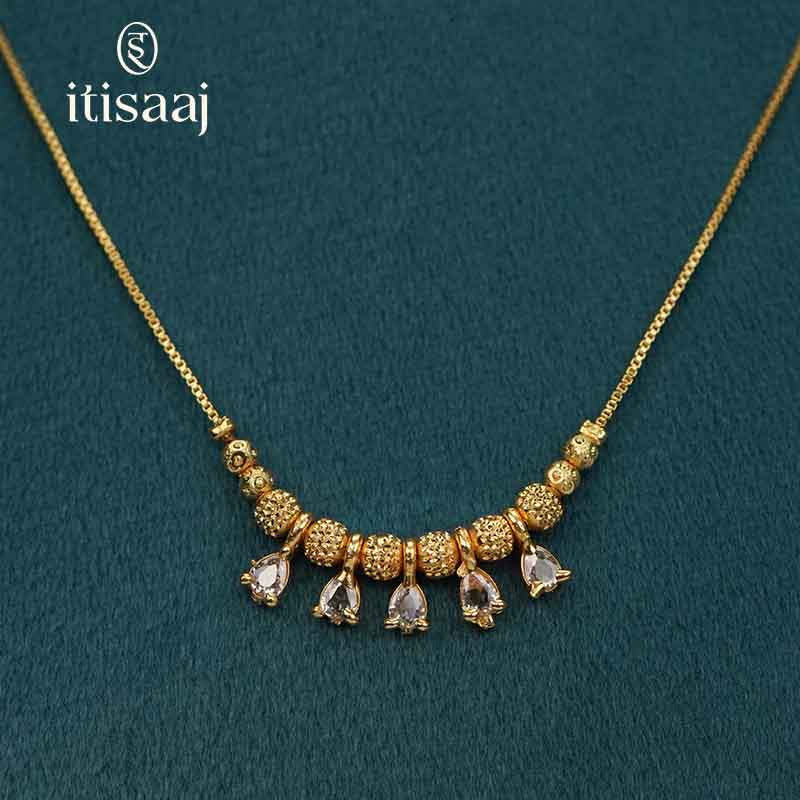 Micro Gold Plated Textured Beads and Teardrop Stone Pendant Chain Necklace - 4019