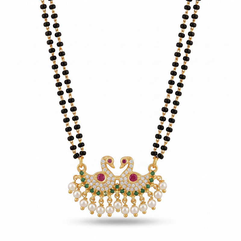 Micro Gold Plated Twin Bird Motif Mangalsutra with Stones and Pearl Drops - 5101