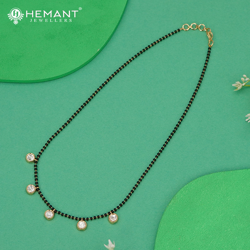 Minimalist Single Line Black Bead Mangalsutra with Polki Style Teardrop Pendants - 5348