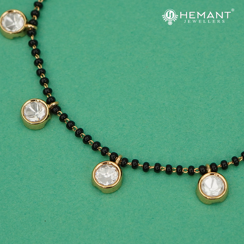 Minimalist Single Line Black Bead Mangalsutra with Polki Style Teardrop Pendants - 5348