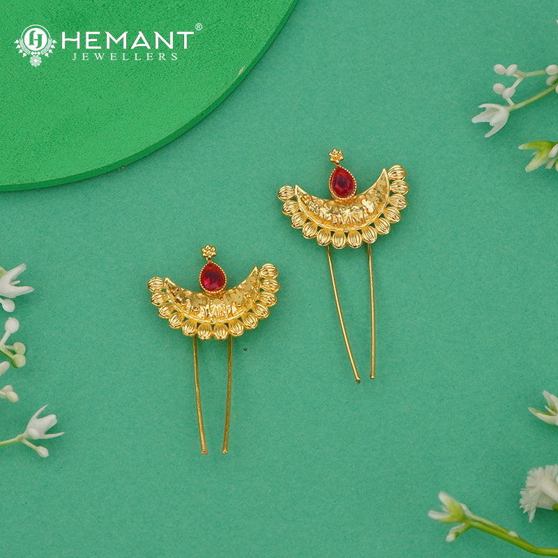 Ornate Traditional Ambada Hair Pins (Pair) with Ruby Red Stone - 5198