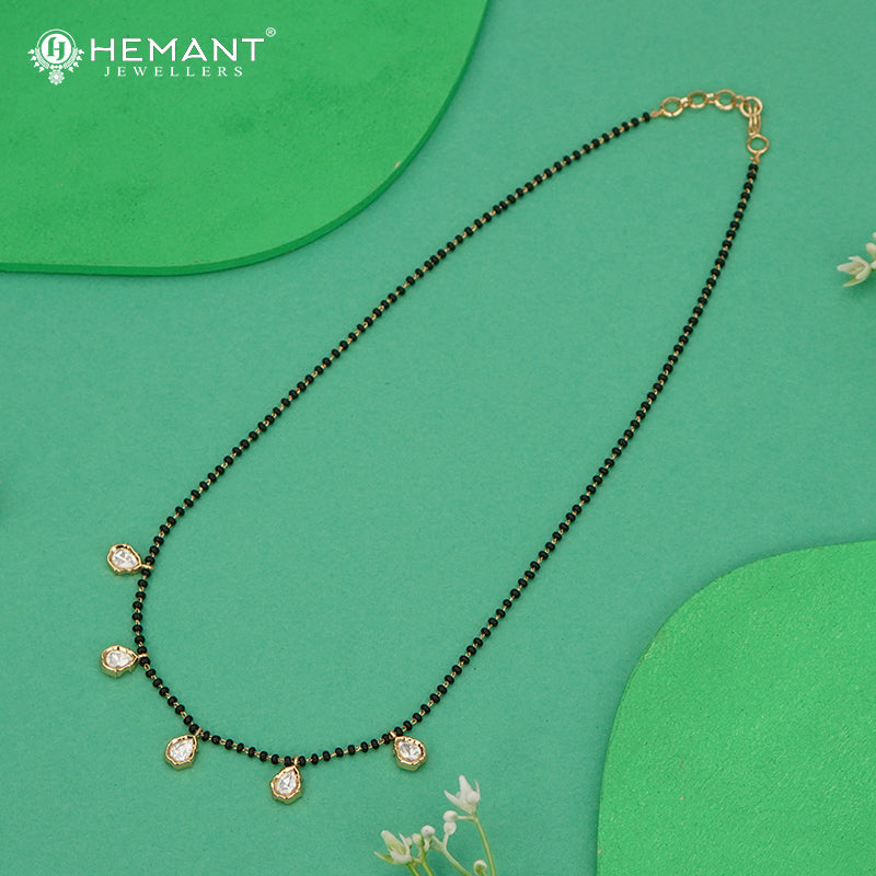 Short Black Bead Mangalsutra Chain with Polki Style Teardrop Pendants - 5349
