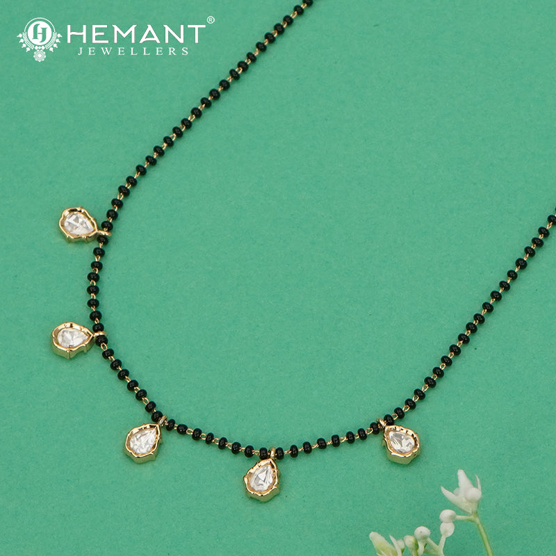 Short Black Bead Mangalsutra Chain with Polki Style Teardrop Pendants - 5349