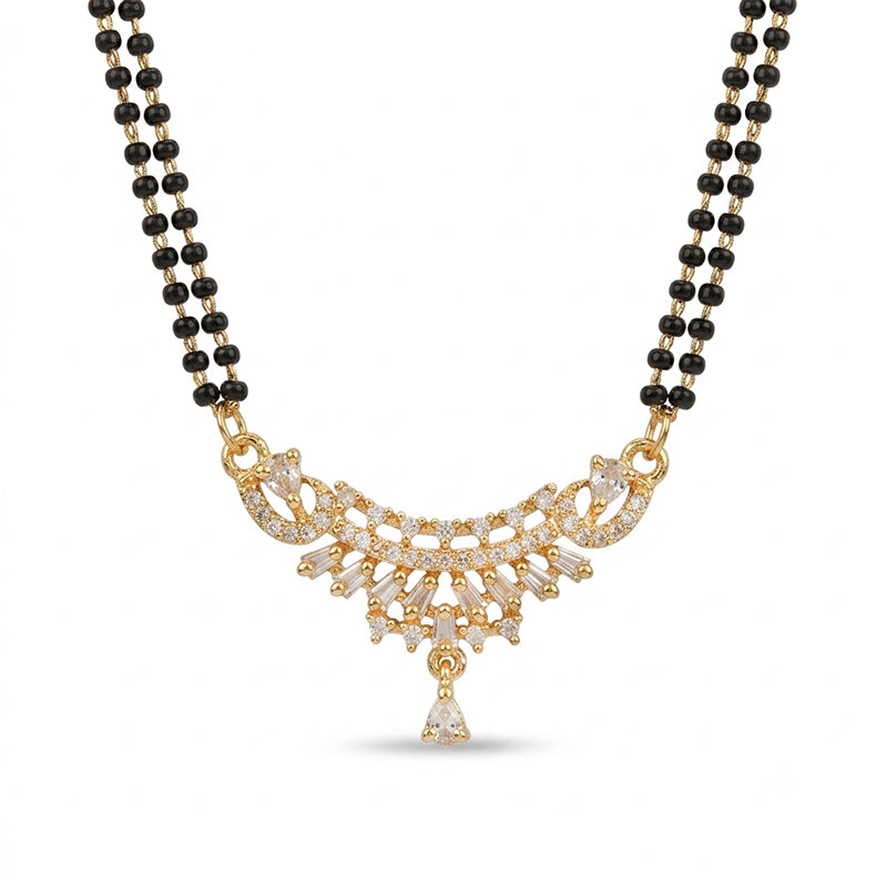 Sparkling American Diamond Curved Pendant Double Line Black Beaded Mangalsutra - 5718