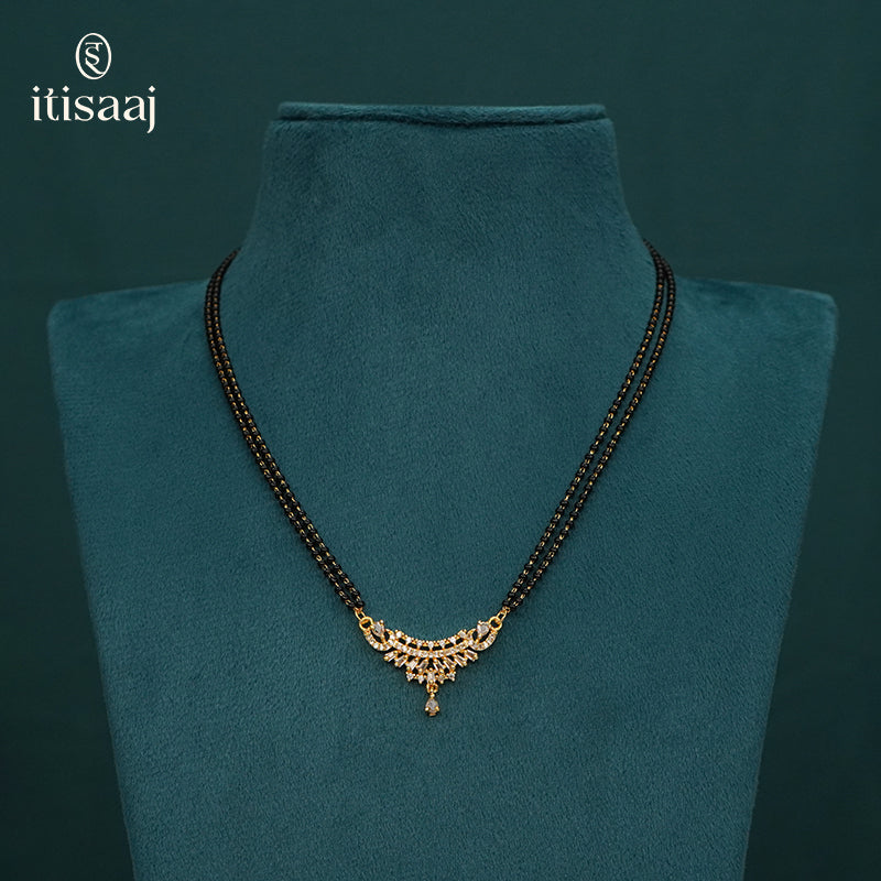 Sparkling American Diamond Curved Pendant Double Line Black Beaded Mangalsutra - 5718