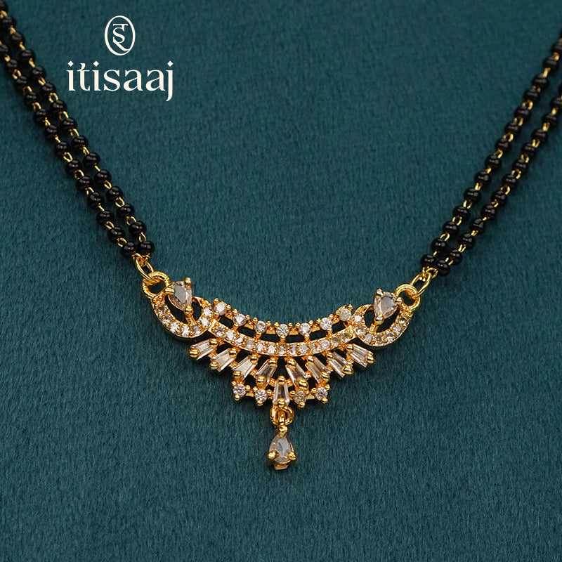 Sparkling American Diamond Curved Pendant Double Line Black Beaded Mangalsutra - 5718