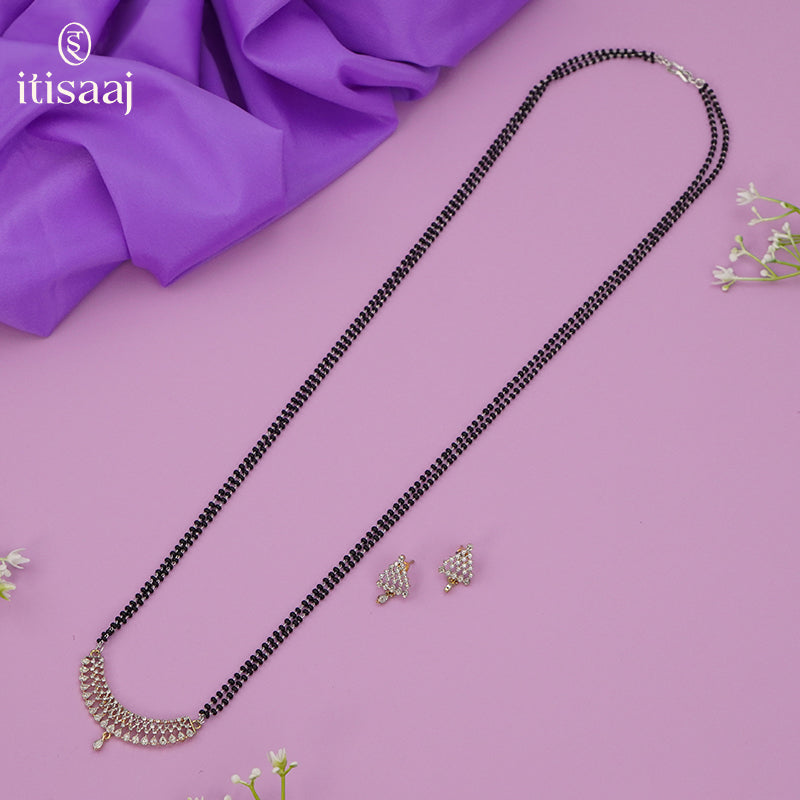Sparkling American Diamond Curved Teardrop Pendant Long Mangalsutra - 5618