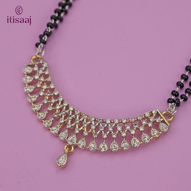 Sparkling American Diamond Curved Teardrop Pendant Long Mangalsutra - 5618