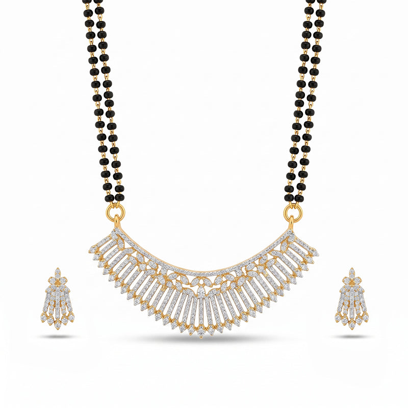 Sparkling Cubic Zirconia Curved Pendant Long Mangalsutra Set with Matching Earrings - 5648