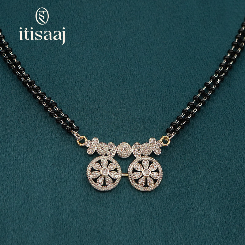 Sparkling Cubic Zirconia Dual Floral Pendant Short Mangalsutra - 5095