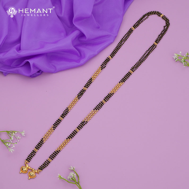 Traditional 3 Line Line Black Bead Mangalsutra with Textured Double Vati - 3350