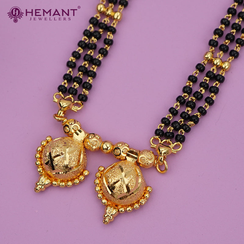Traditional 3 Line Line Black Bead Mangalsutra with Textured Double Vati - 3350