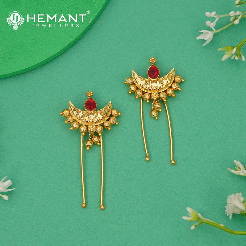Traditional Ambada Pin with Crescent Motif and Ruby-Tone Stone | Hair Pin Ornament - 5195