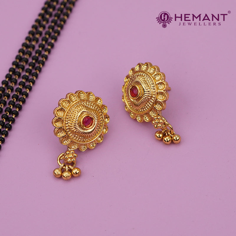 Traditional Antique Gold Finish Long Four Layer Mangalsutra Set Earrings