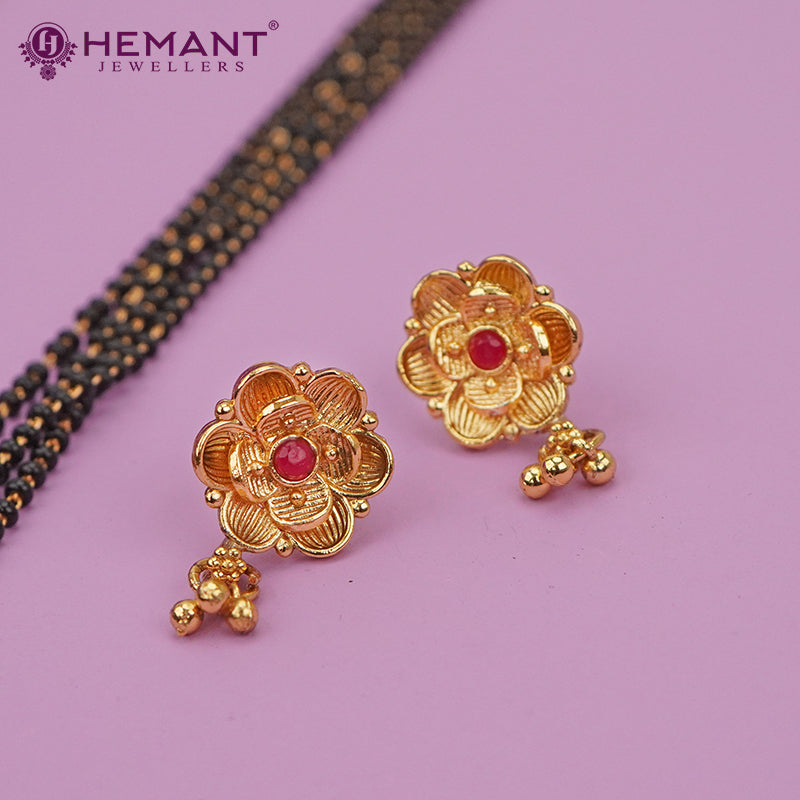 Traditional Antique Gold Finish Long Four Layer Mangalsutra Set Earrings