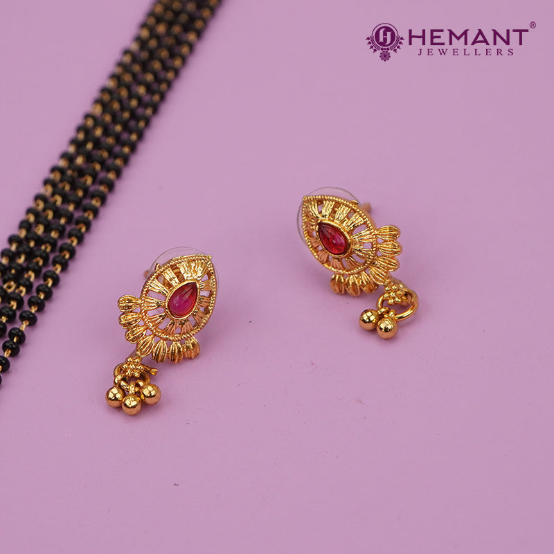 Traditional Antique Gold Finish Long Four Layer Mangalsutra Set Earrings