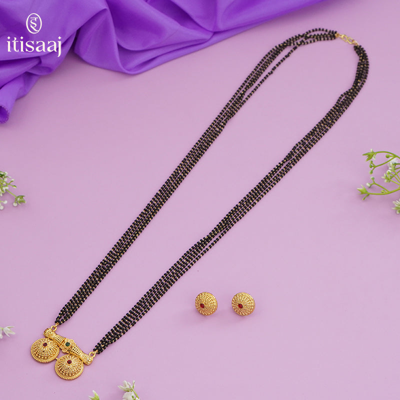Traditional Antique Gold Finish Long Four Layer Vati Mangalsutra Set with Earrings - 4523-28