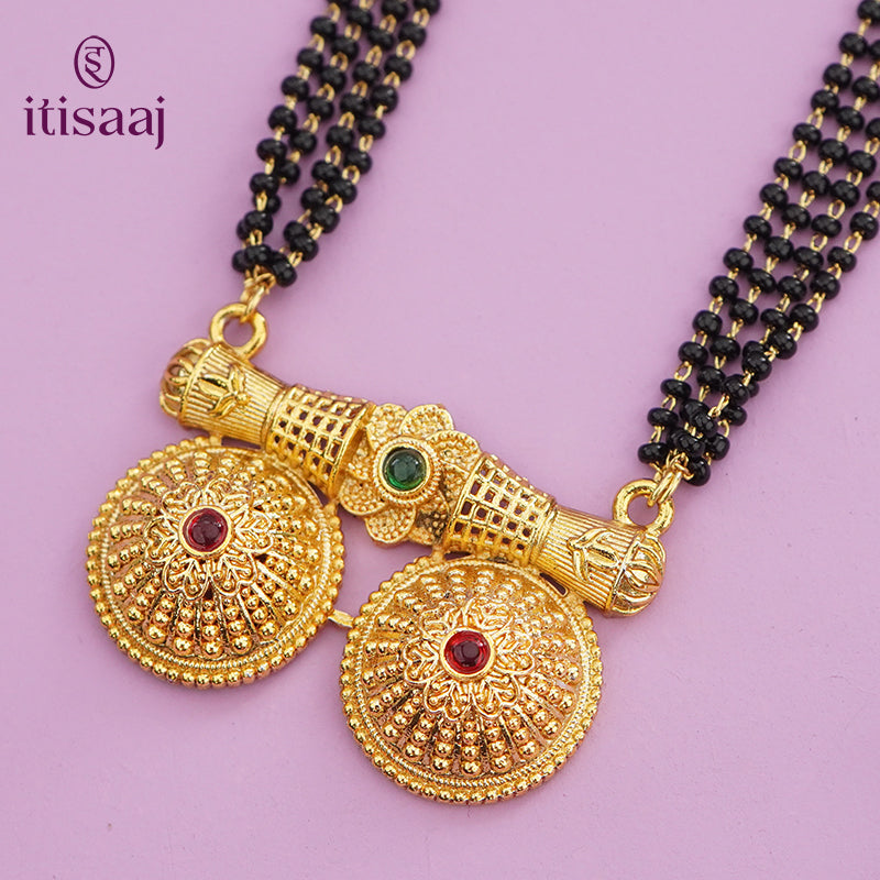 Traditional Antique Gold Finish Long Four Layer Vati Mangalsutra Set with Earrings - 4523-28