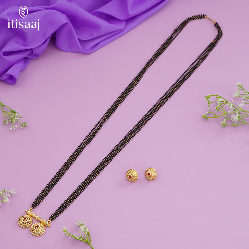 Traditional Antique Gold Finish Long Four Layer Vati Mangalsutra Set with Earrings - 4800-04