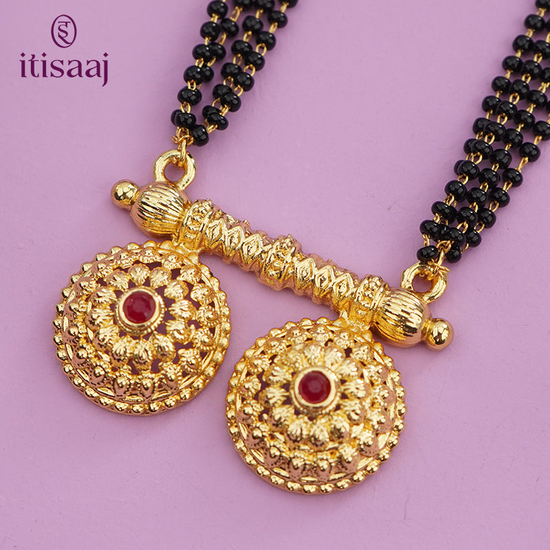 Traditional Antique Gold Finish Long Four Layer Vati Mangalsutra Set with Earrings - 4800-04