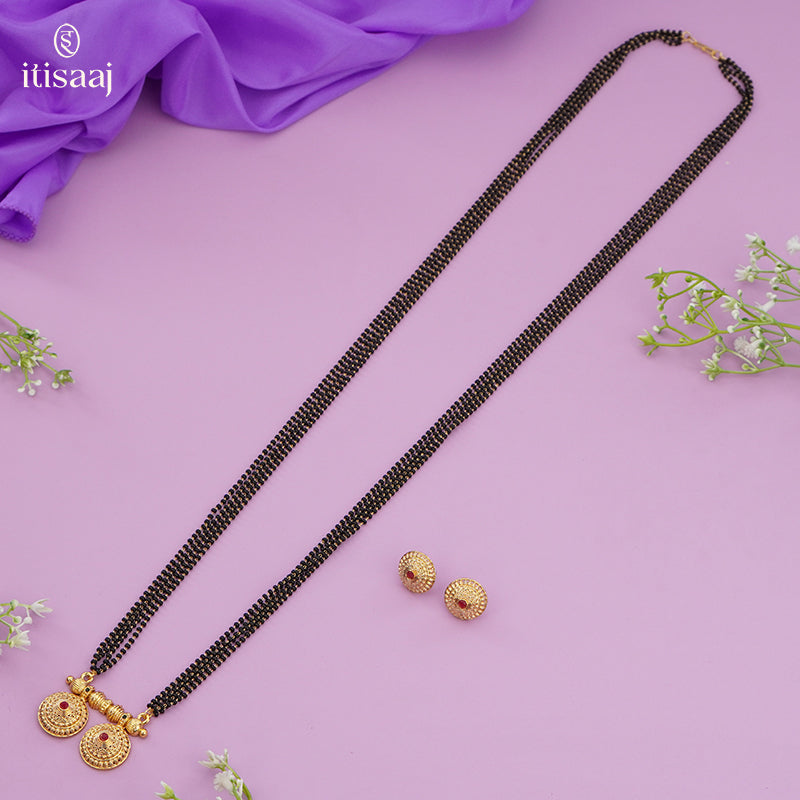 Traditional Antique Gold Finish Long Four Layer Vati Mangalsutra Set with Earrings - 5090