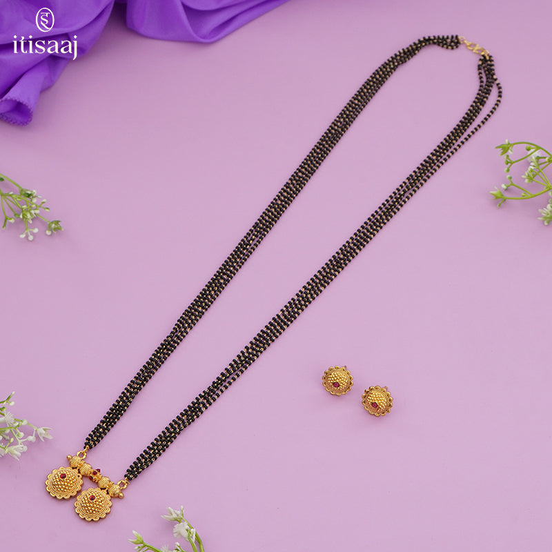 Traditional Antique Gold Finish Long Four Layer Vati Mangalsutra Set with Earrings - 5093