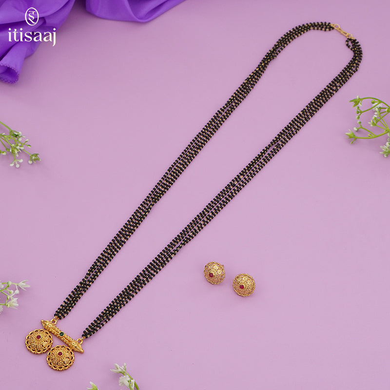 Traditional Antique Gold Finish Long Four Layer Vati Mangalsutra Set with Earrings - 5091