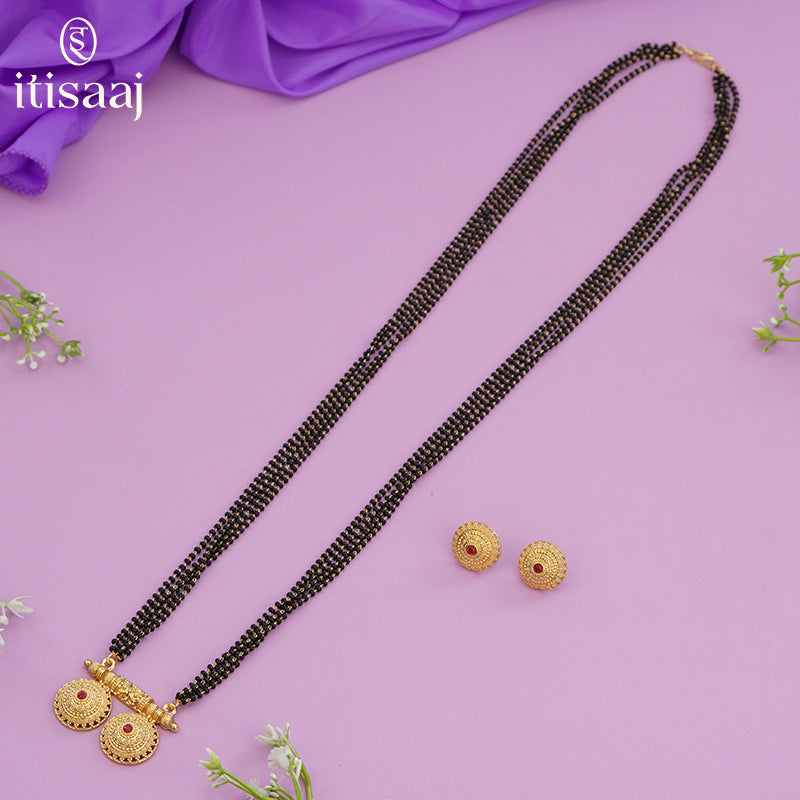 Traditional Antique Gold Finish Long Four Layer Vati Mangalsutra Set with Earrings - 4662