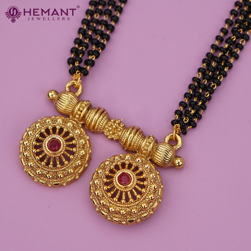 Traditional Antique Gold Finish Long Four Layer Vati Mangalsutra Set with Earrings