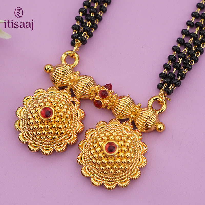 Traditional Antique Gold Finish Long Four Layer Vati Mangalsutra Set with Earrings - 5093