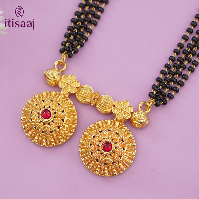 Traditional Antique Gold Finish Long Four Layer Vati Mangalsutra Set with Earrings - 5083